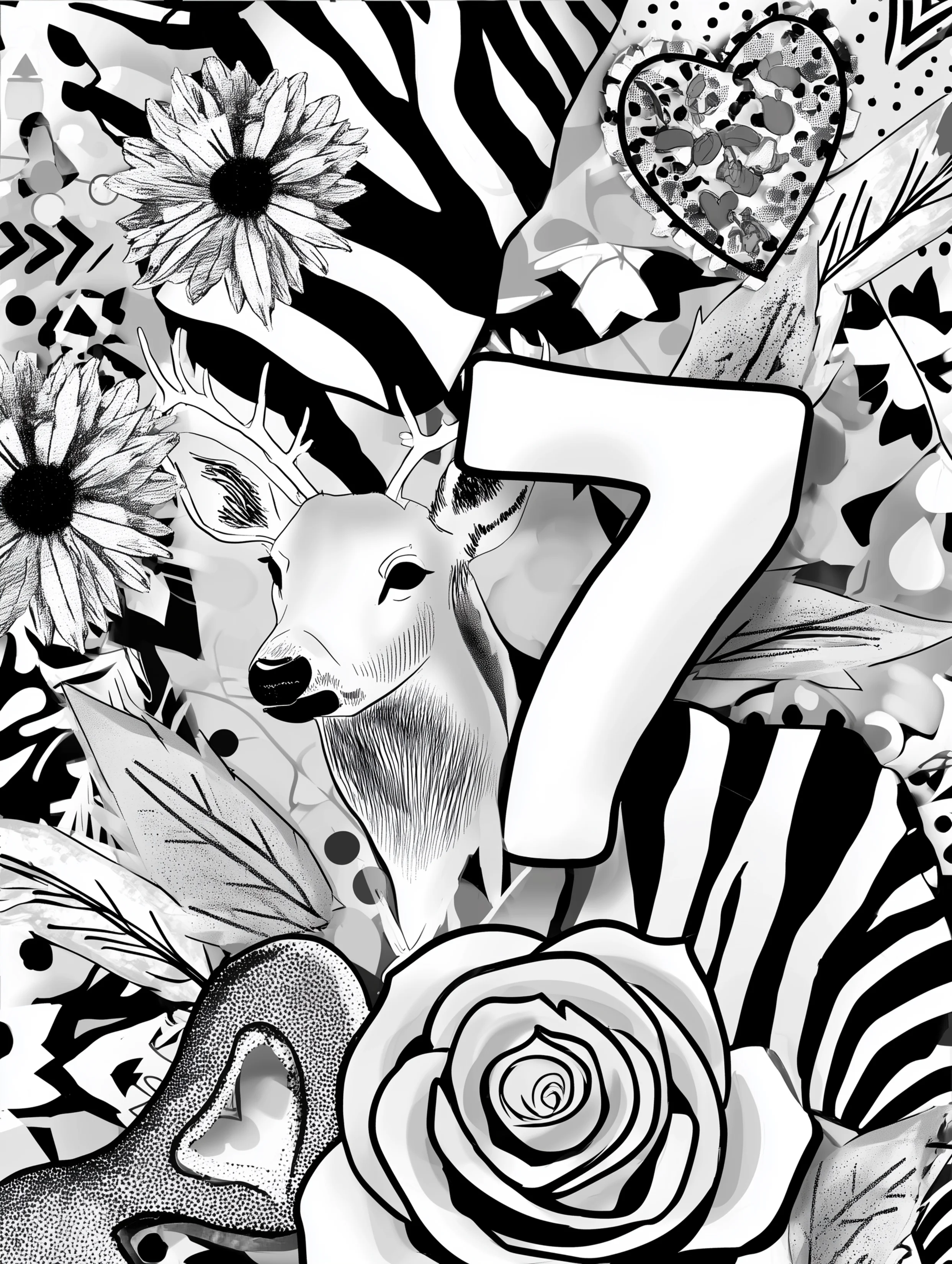 Free printable coloring page for numbers featuring the number seven with a deer and flower